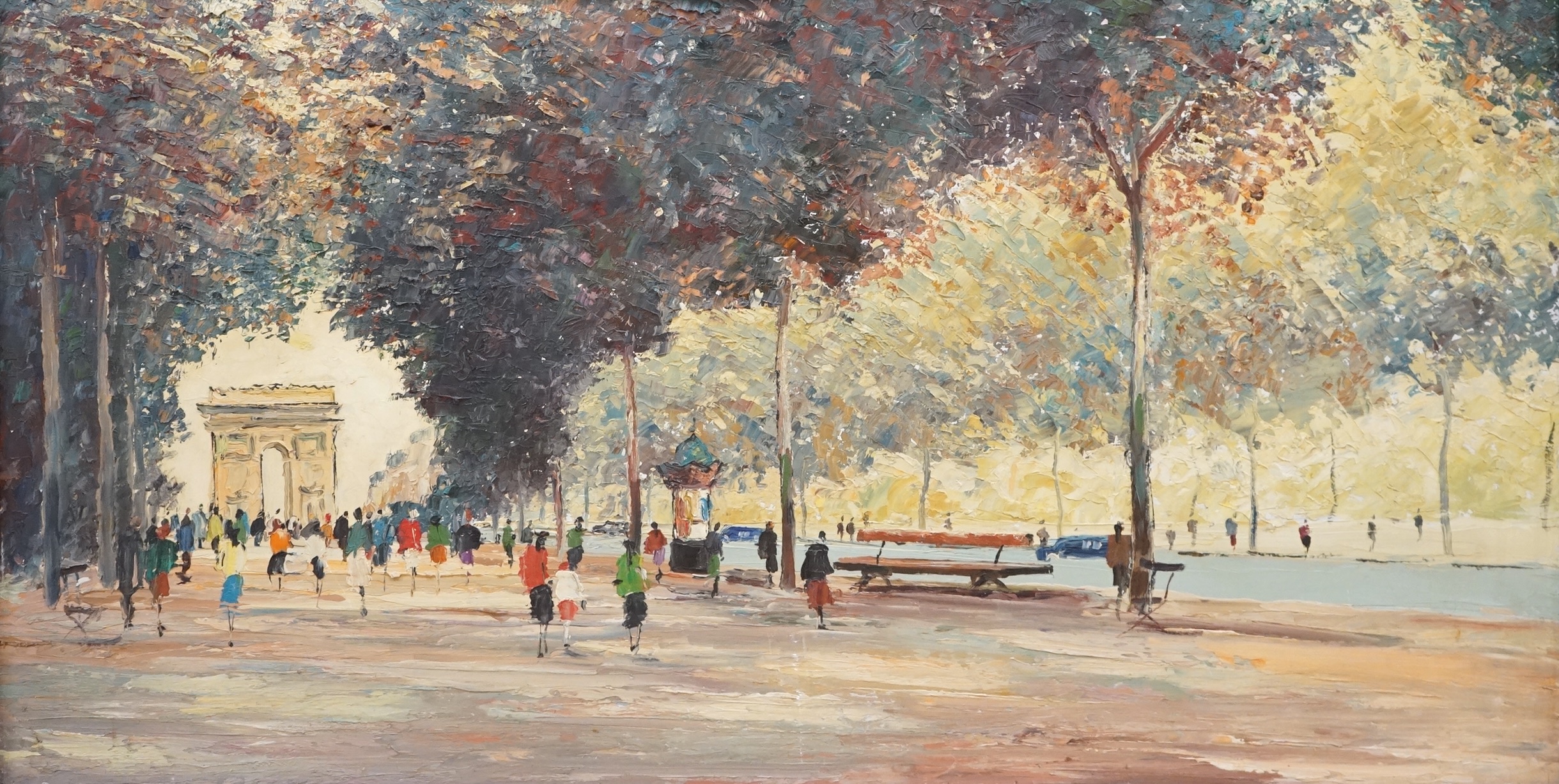 George Hann (1900-1979), ‘View of the Arc de Triomphe’, label and inscription verso, oil on board, 39 x 74cm
